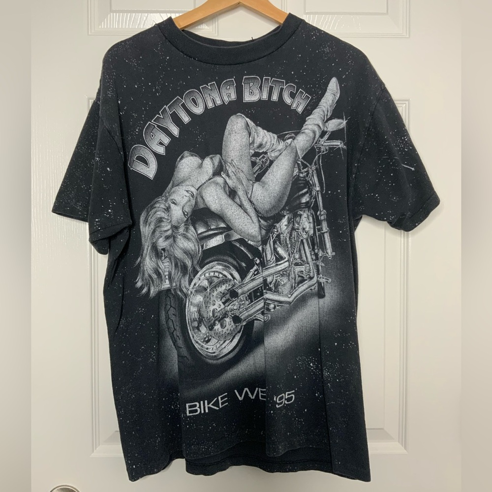 Vintage 90s Biker Babe Motorcycle Girl Paint Splatter Black T-Shirt Size Large